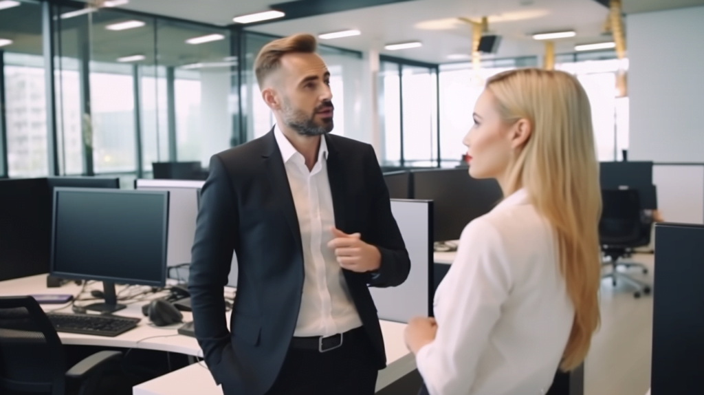 Dwoje ludzi w biurze rozmawia po angielsku na poziomie C2